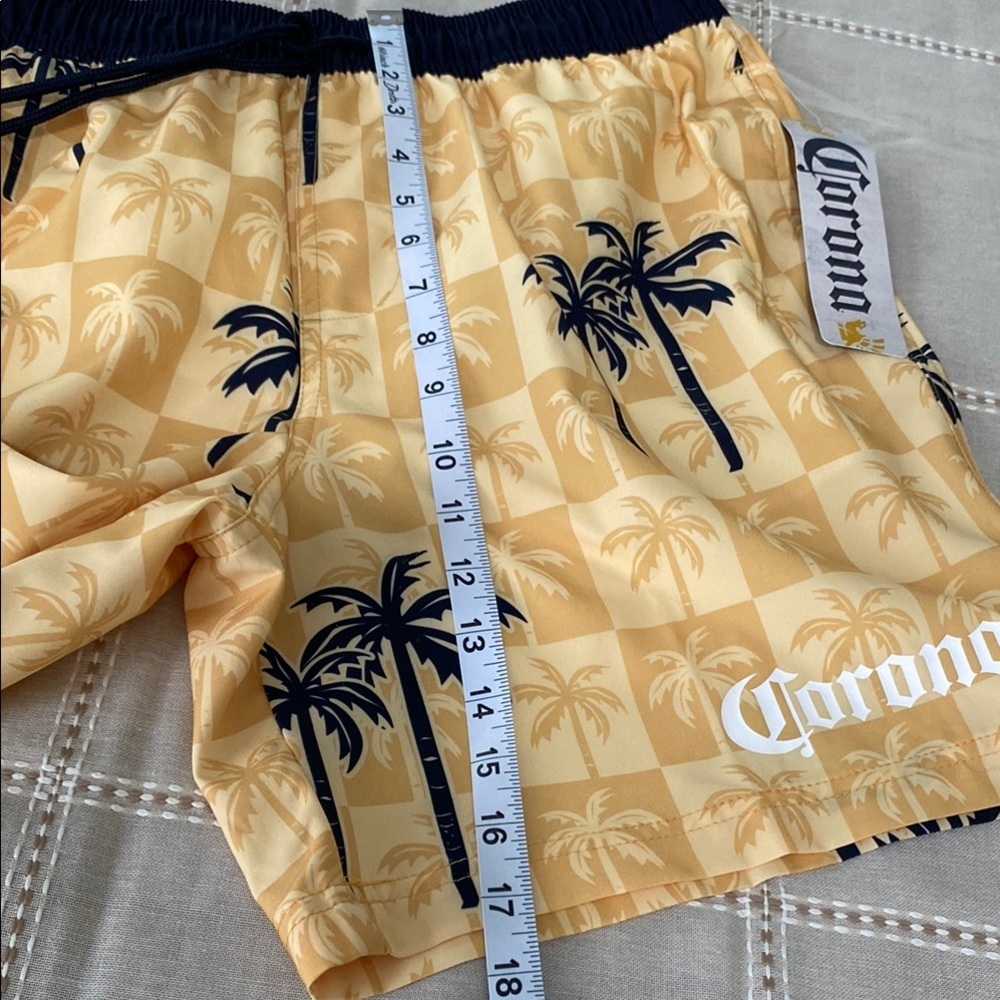 Man Corona Athletic Yellow and Black Shorts with Tropical Design for swim. - Picture 14 of 15